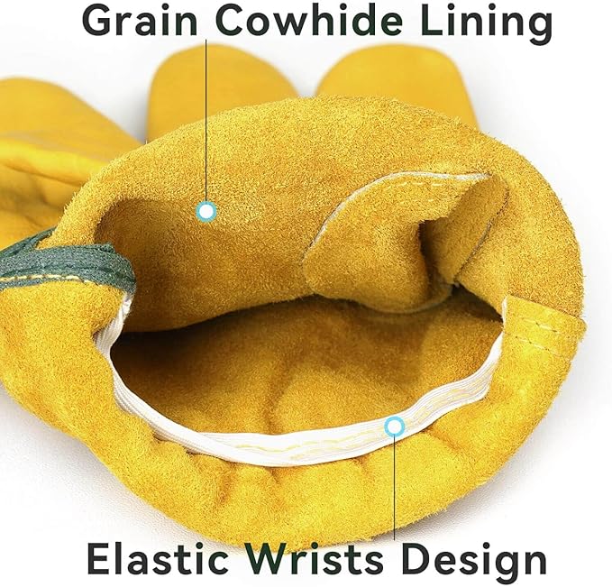 OZERO 5 Pairs Leather Work Gloves Flex Grip Tough Cowhide Gardening Glove for Wood Cutting/Construction/Truck Driving/Garden/Yard Working for Men and Women (Gold,Small)