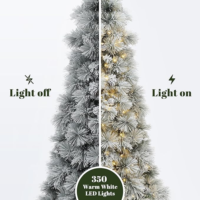 LuxenHome 6.5FT Christmas Tree with Lights, Flocked Pine Tree with 350 LED Lights, Full Downswept Christmas Trees with Lights and Metal Stand for Living Room, Entryway Holiday Decor