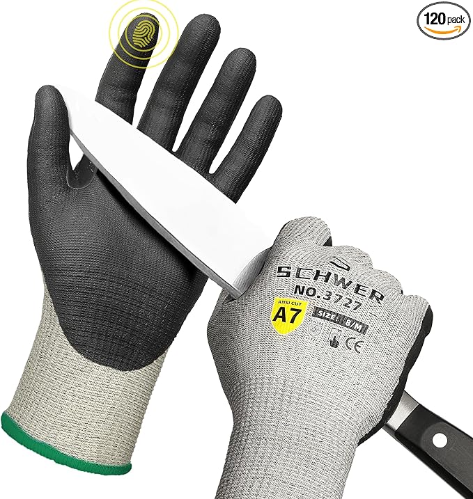 120 Pairs High Level Cut Resistant Work Gloves for High Risk Work, ANSI A7 Cutting Gloves with Reinforced Thumb, Used for WoodWorking, Construction, Non Slip, Durable, Breathable & Cool, M, PR3727