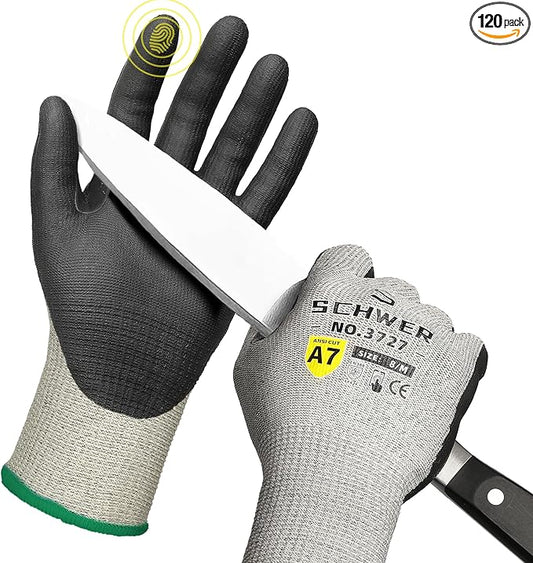 120 Pairs High Level Cut Resistant Work Gloves for High Risk Work, ANSI A7 Cutting Gloves with Reinforced Thumb, Used for WoodWorking, Construction, Non Slip, Durable, Breathable & Cool, M, PR3727