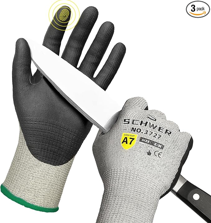 3 Pairs High Level Cut Resistant Work Gloves for High Risk Work, ANSI A7 Cutting Gloves with Reinforced Thumb, Used for WoodWorking, Construction, Non Slip, Durable, Breathable & Cool, M, PR3727
