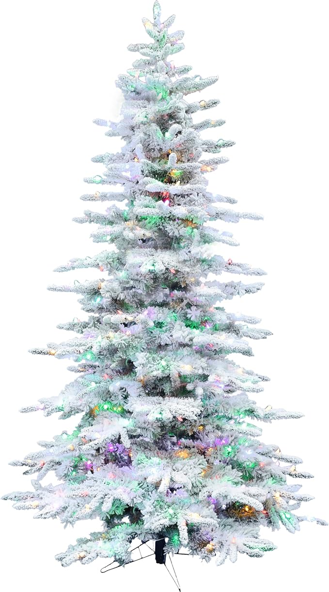Fraser Hill Farm 6.5-Ft. Pine Valley Flocked Artificial Christmas Tree with Dual Multicolor & Warm White LED Lights, Prelit Foldable Fake Tree with Realistic Snowy Foliage for Home Decoration