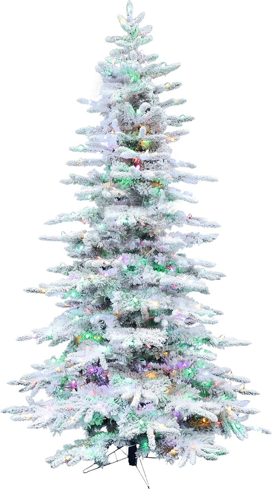 Fraser Hill Farm 7.5-Ft. Pine Valley Flocked Artificial Christmas Tree with Dual Multicolor & Warm White LED Lights, Prelit Foldable Fake Tree with Realistic Snowy Foliage for Home Decoration