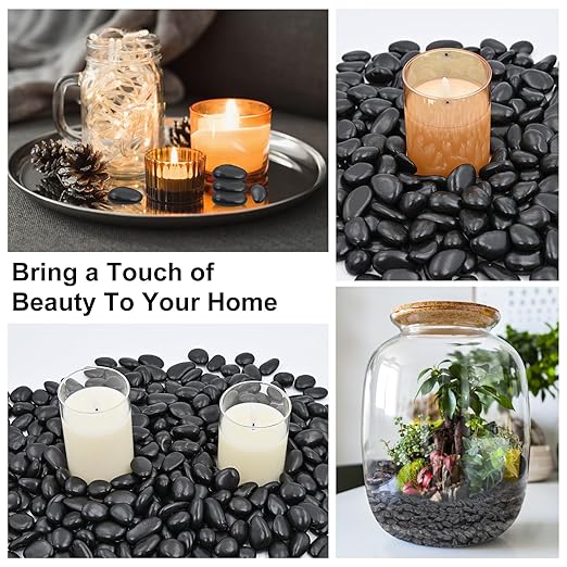 20Ib Black River Rock- Decorative Pebbles for Plants - River Rocks for Outdoor Landscaping- 0.3"-0.8" inch High Polished Stones for Aquarium, Terrarium,Vases, Home Decor