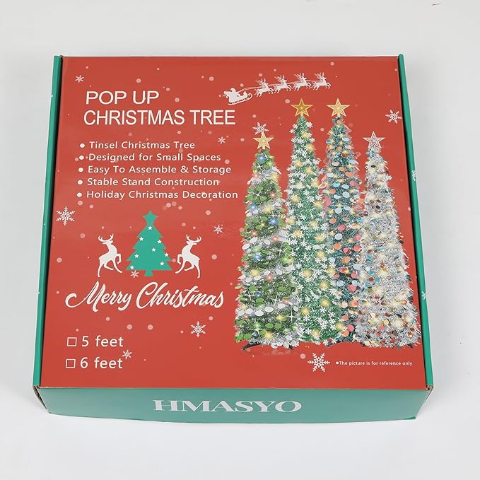 HMASYO 5 FT Pop Up Christmas Tree with Timer Lights, Gold Christmas Tinsel Tree, Collapsible Artificial Pencil Christmas Tree for Indoor Home Apartment Porch Holiday Party Decorations