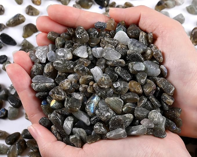 QINJIEJIE Labradorite Crystals Tumbled Chips Natural Stone Gravel Bulk Crushed Rocks Pieces Polished Quartz Stone 0.55Lbs Decorative Fish Tank Pebbles Vase Filler Irregular Shaped Gemstone