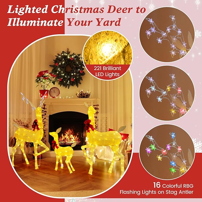 Tangkula 3 Pieces Christmas Lighted Reindeer Family Set, Indoor/Outdoor Christmas Decoration with LED Lights & RGB Flashing Lights, Ground Stakes, Light up Holiday Deer Decoration for Yard Lawn Party