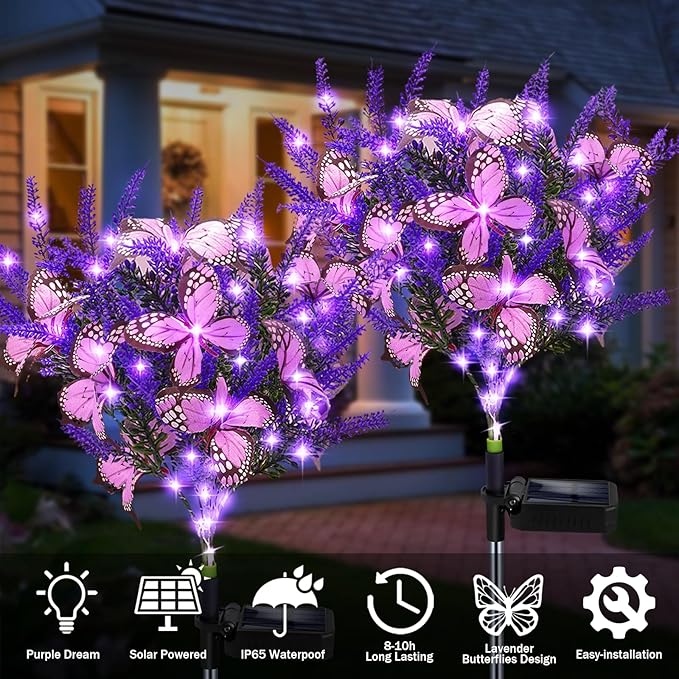 Kohlrabi Solar Garden Lights Outdoor, 4 Pack Purple Lavender Solar Butterfly Lights Gardening Gifts for Women, Purple Artificial Flower with Butterfly Garden Decor for Lawn Patio