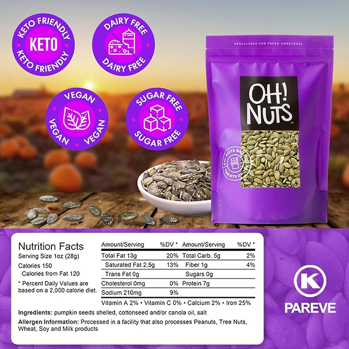 Oh! Nuts Pumpkin Seeds - Roasted Salted - 3 lb - No Shell Pepitas - Packed in New York Zip-Seal Bag for Exceptional Freshness