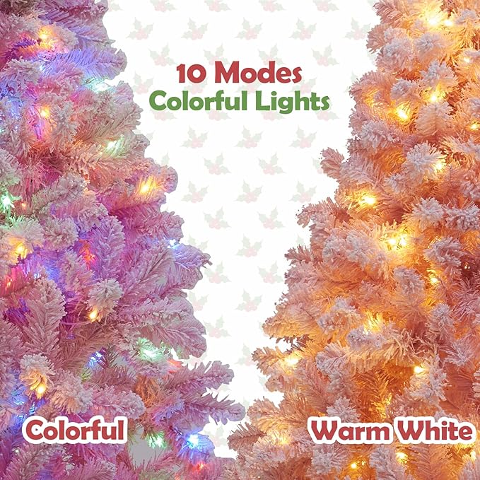 Christmas Tree, 7.5ft Flocked Pink Christmas Tree Prelit with Lights, 10 Functions, 400 Lights, Spruce Artificial Christmas Tree Prelit with Realistic Tips & Sturdy Metal Base Easy Assembly