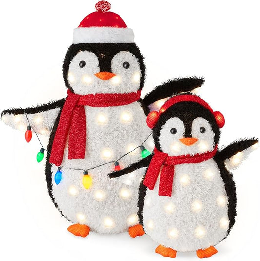 Best Choice Products 2-Piece Lighted Penguin Family, 3ft Pop-Up Outdoor Christmas Holiday Decoration w/ 150 LED Lights, Multicolored Lights - Red