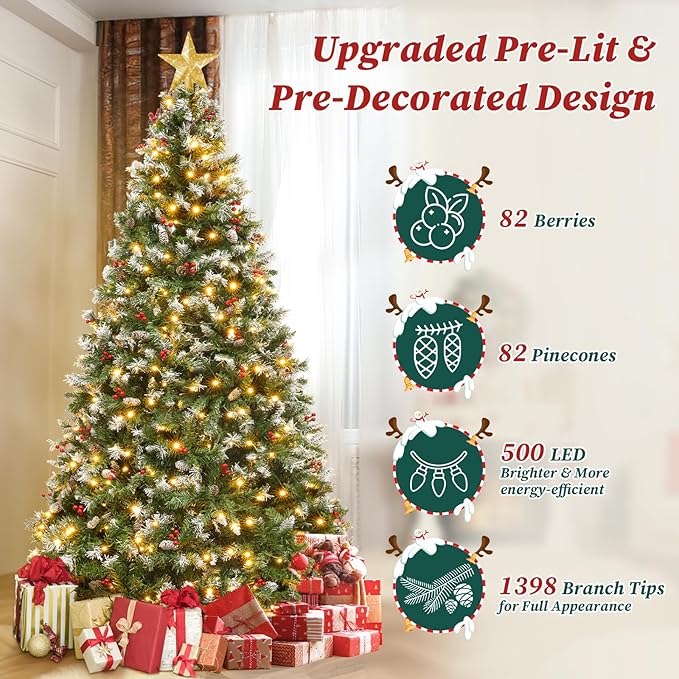 7.5ft Prelit Spruce Artificial Christmas Tree, Full Prelighted Xmas Tree Partially Flocked, 550 LED Lights, 1398 Branch Tips, 82 Pinecones, 82 Berries, Foldable Base, Holiday Decoration