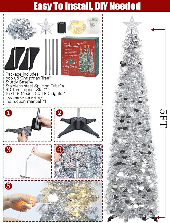 HMASYO 5 FT Pop Up Christmas Tree with Timer Lights, Silver Christmas Tinsel Tree, Collapsible Artificial Pencil Christmas Tree for Indoor Home Apartment Porch Holiday Party Decorations