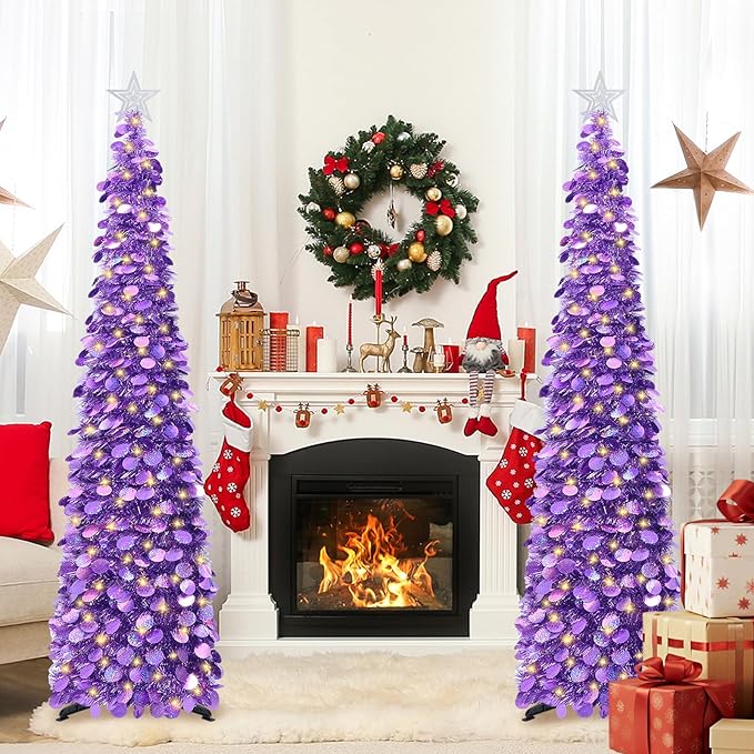 HMASYO 6 FT Pop Up Christmas Tree with 100 LED Lights & Remote, Purple Christmas Tinsel Tree, Collapsible Artificial Pencil Tree for Home Office Party Decor, USB Powered Timer Lights, Easy Assembly