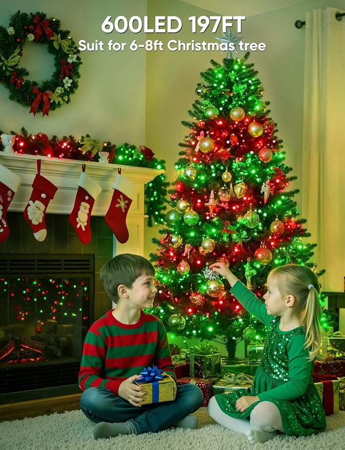Ollny Smart Christmas Lights, 197FT 600 LED APP Control RGB Color Changing Christmas Tree Lights with Remote, Programmable DIY Musical Waterproof Decor Light with Timer for House Indoor Outdoor House