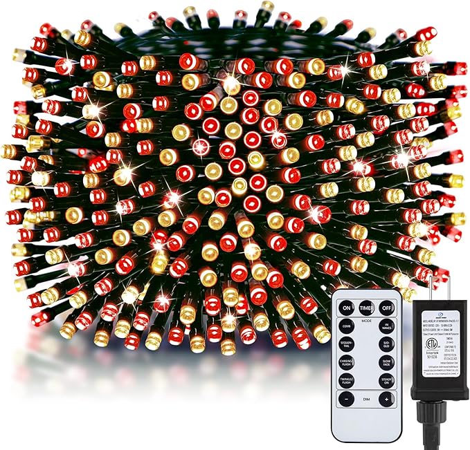 Minetom Red & Warm White Christmas Lights, 66ft 200 LED Outdoor Christmas Tree Lights with Remote, 8 Modes String Lights Plug-in Mini Xmas Tree Lights with Timer for Outside Party Decor