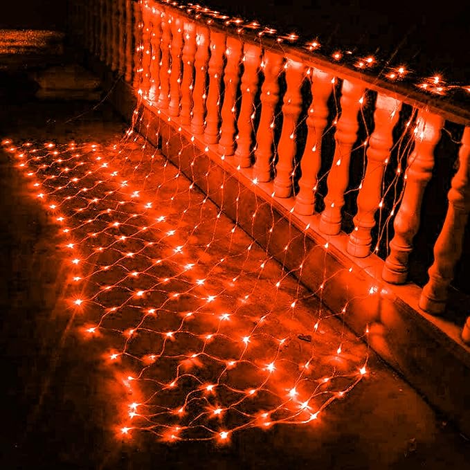 Dazzle Bright Halloween 200 LED Net Lights, 9.8 FT x 6.6 FT Connectable Mesh Lights Clear Wire with 8 Lighting Modes, Halloween Decorations for Indoor Outdoor Bush Yard Garden Decor (Orange)