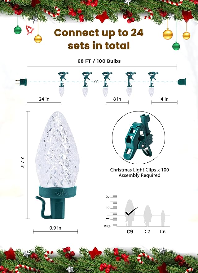 C9 LED Christmas Lights Outdoor, 66 Feet 100 LED C9 String Lights with 100 Spring Clips, Waterproof Connectable Christmas Tree Lights for Outside Roofline Patio Home Xmas Decor, Pure White 2 Pack