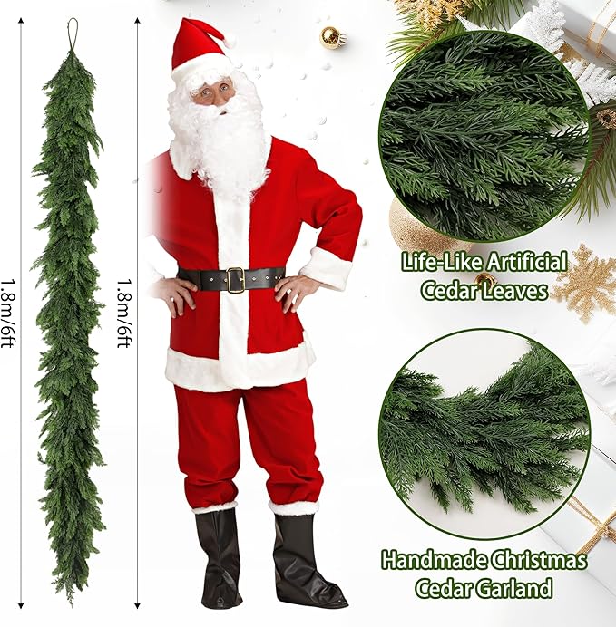 6FT Artificial Christmas Cedar Garland, Realistic Greenery Garlands Soft and Thick Cedar Pine Garland for Mantle Table Fireplace Door Stairs Holiday Christmas Decoration Outdoor Indoor(1pcs)