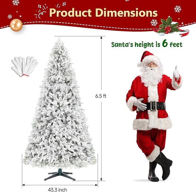 6.5FT White Snow Flocked Artificial Christmas Tree, 360° Rotating Musical Xmas Tree with Remote Control, Pre-Lit 8 Modes Warm White & Multicolored LED Lights Snowy Frosted Christmas Tree