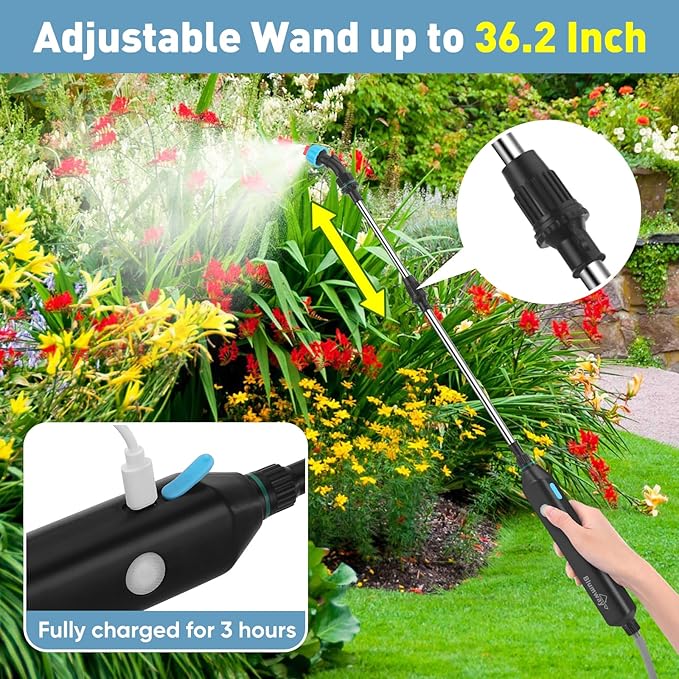 BlumWay Battery Powered Sprayer 2 Gallon,Powerful Electric Sprayer with 3 Mist Nozzles, Retractable Wand, Garden Water Spray with Adjustable Shoulder Strap for Lawn,Gardening