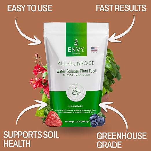 ENVY All-Purpose Plant Food | 100% Water Soluble, Professional Grade | Fertilizer for All Plants - Resealable Pouch W/Measuring Scoop (3 lb)