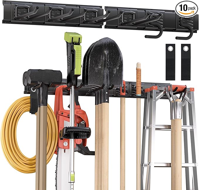 Garden Tool Organizer Wall Mount, 32 inches Tool Storage Rack with Adjustable Hooks, 600lbs Adjustable Heavy Duty Metal Hooks, Yard Shed Rack Holder System Hanging Rake Broom Mop Snowboard, Men Gift