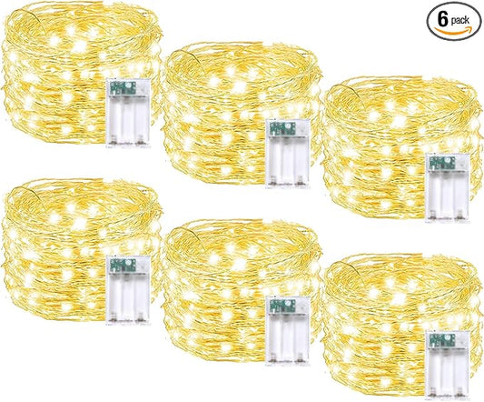 6 Pack Christmas Fairy Twinkle Lights Battery Operated, 3 Pack Cool Whie & 3 Pack Warm White Each 20FT 60 LED Waterproof Outdoor String Light, Fairy Light with Timer for Christmas Decorations