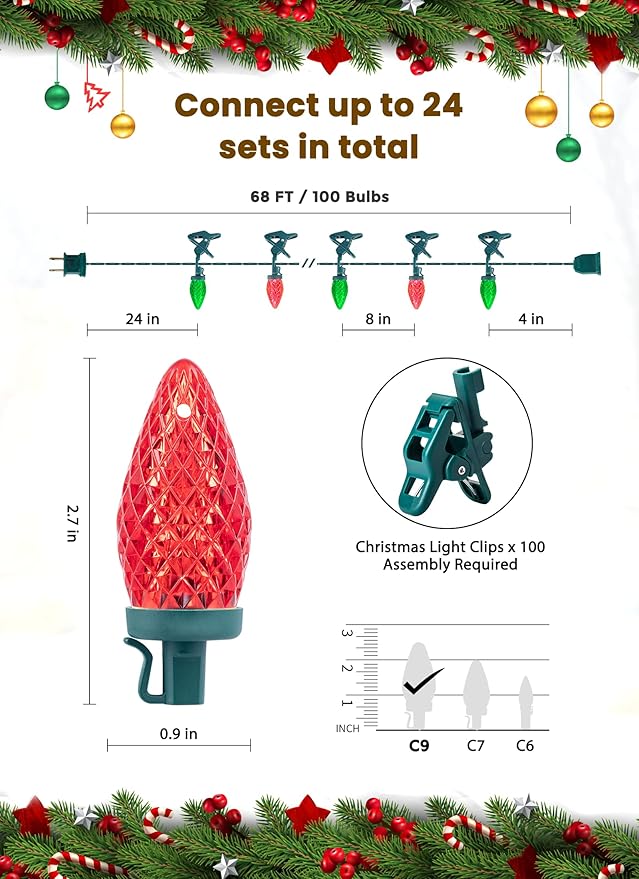 C9 LED Christmas Lights Outdoor, 68 Feet 100 LED Strawberry String Lights With 100 Spring Clamps, Waterproof Commercial Grade Extendable for Outside Roofline Patio Home Xmas Decoration, Red & Green