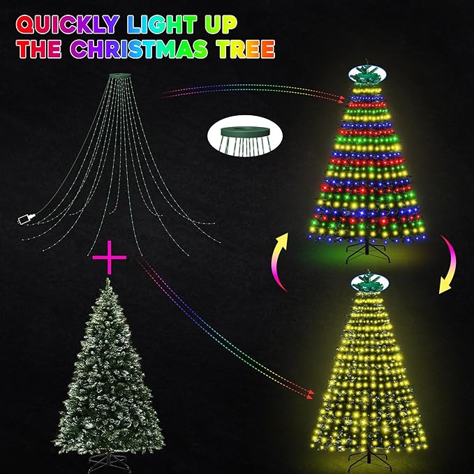 30+ Modes Ring Christmas Tree Lights Indoor Outdoor - 7.5Ft x 12 Lines 336 LED Easy App Control Color Changing Timer Remote Waterproof for 6 7 Ft Xmas Trees (Warm White to Multicolor)