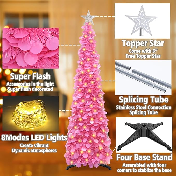 HMASYO 5 FT Pop Up Christmas Tree with Timer Lights, Hot Pink Christmas Tinsel Tree, Collapsible Artificial Pencil Christmas Tree for Indoor Home Apartment Porch Holiday Party Decorations
