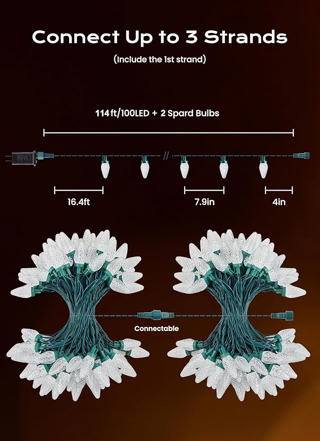 C9 Christmas Lights Outdoor, 100 FT 150 LED Connectable C9 String Lights with 8 Modes and Timer Extendable Xmas Tree Patio Roofline Garden Yard Holiday Party Indoor Outdoor Decoration, Warm White