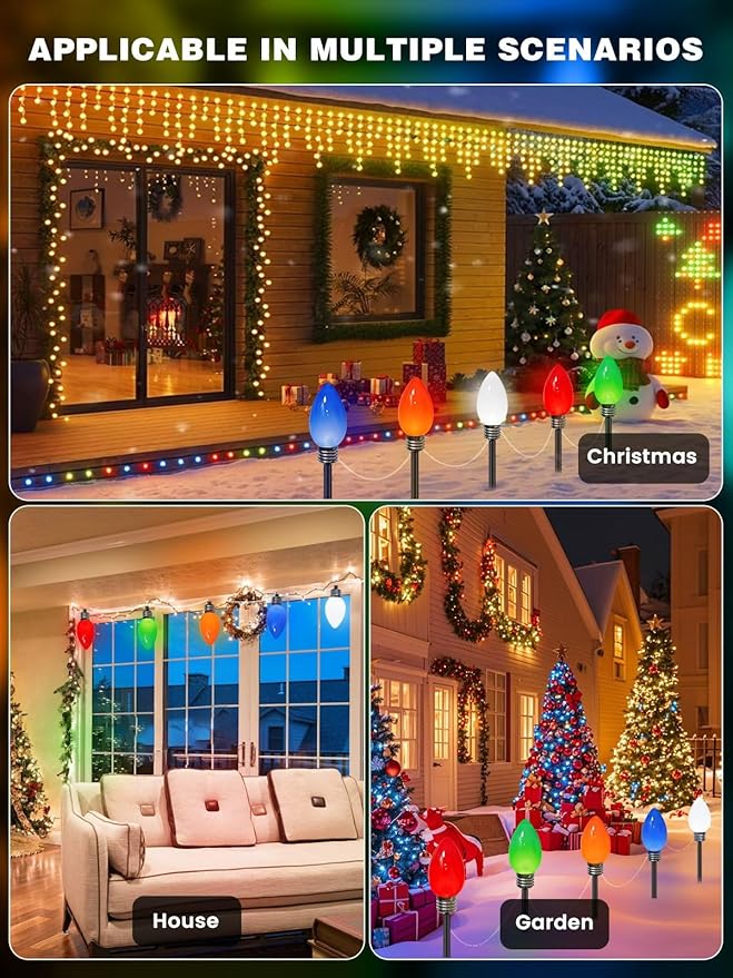 10 Pack Large C9 Christmas Decorations Outdoor, Waterproof C9 Christmas Lights Plug in with 2 Modes and Timer, Pathway Light for Party Indoor Courtyard Patio Lawn Garden Xmas Decoration (Multicolor)