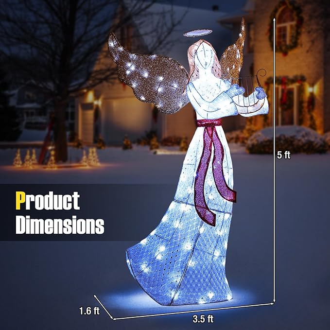 Tangkula 5 FT Outdoor Christmas Lighted Angel, Xmas Yard Pre-Lit Angel with Harp, Halo & 120 Cold White LED Lights, Ground Stakes & Zip Ties Included, Winged Holiday Figure for Indoor & Outdoor