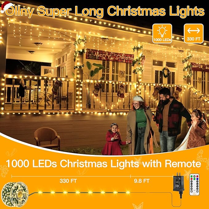 Ollny Christmas Lights 1000 LED 330 FT, IP67 Waterproof Plug in Christmas Tree Lights with Remote, 8 Modes, 3 Timers, Dimmable, House Xmas Indoor Decorations String Light (Warm White)