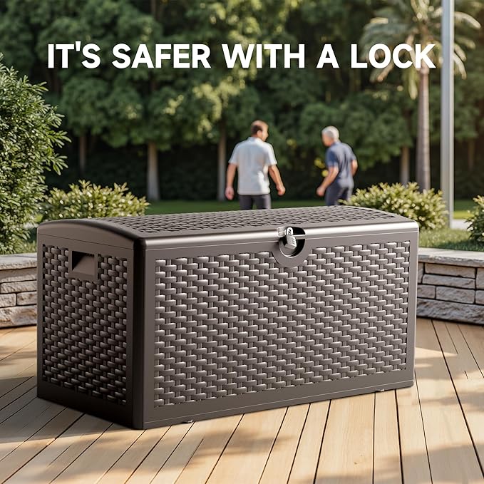 80 Gallon Deck Box, Double Layer Waterproof Resin Outdoor Indoor Storage Box, Lockable & UV Resistant Storage Bin for Patio Furniture, Garden Tools, Pool Accessories (Brown)