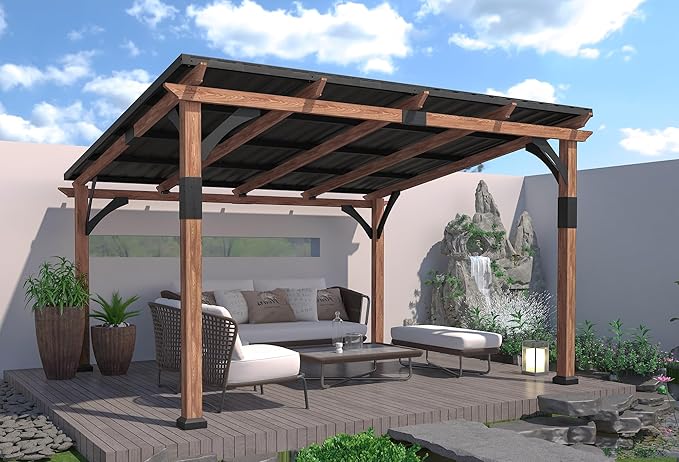 Macrout 12'x14' Outdoor Gazebo, Heavy Duty Pergola with Sloped Metal Roof and Aluminum Frame, Permanent Gazebos for Patio, Decks, Backyard, Garden, 4756 (Sloped Roof + Brown Frame, 12'x14')