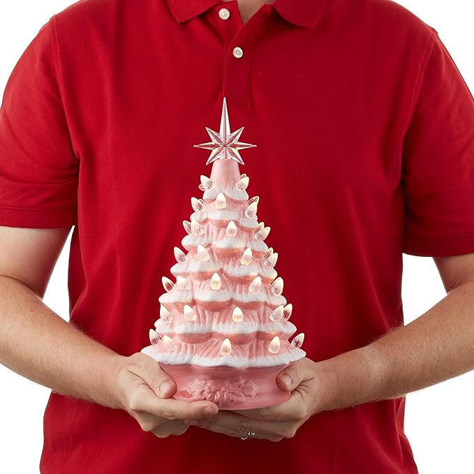 Casafield Hand Painted Ceramic Christmas Tree, Pink Snow Flocked 12-Inch Pre-Lit Tree with 100 Multi Color Lights and 2 Star Toppers