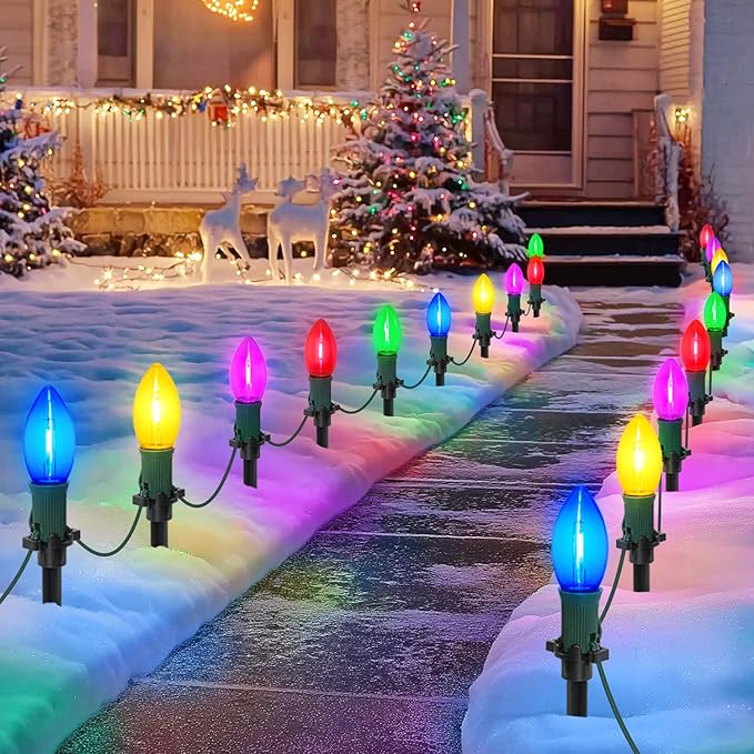 45Ft C9 Led Christmas Pathway Lights Outdoor, 30 Multicolor Bulbs Waterproof Connectable Christmas Walkway Lights for Driveway, Yard, Lawn, Sidewalk Decorations