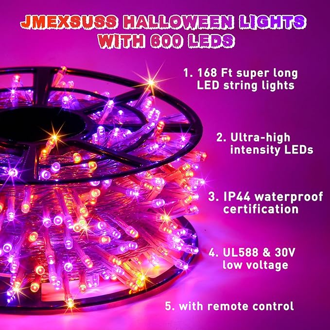 JMEXSUSS 600 LED Halloween String Lights Outdoor, Orange and Purple Halloween Lights Clear Wire, Twinkle String Lights Plug in for Tree Christmas Decorations