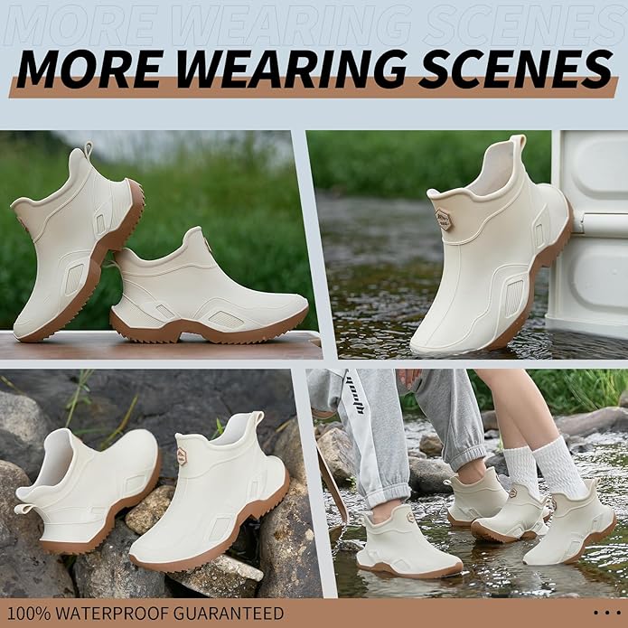 Women's Ankle Rain Boots - Slip On Waterproof Festival & Garden Shoes for Men - Comfortable Lightweight Rubber Wellies with Decorative Buckle