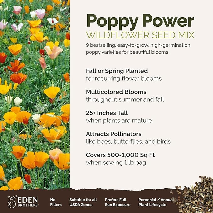 Eden Brothers Poppy Power Flower Mixed Seeds for Planting, 1 lb, 480,000+ Seeds with Red Corn, Iceland, California Poppy | Attracts Pollinators, Plant in Spring or Fall, Zones 3, 4, 5, 6, 7, 8, 9, 10