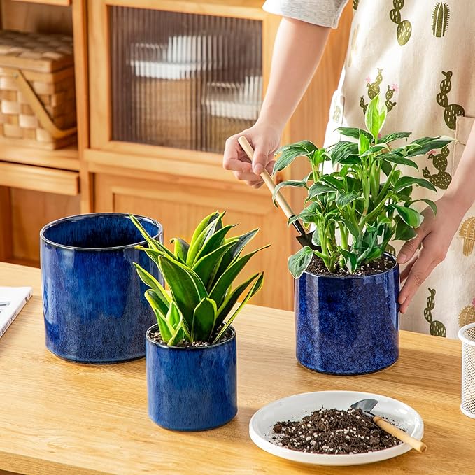 vancasso Ceramic Plant Pots, 4.25+5.25+6.25 Inch Planter Pot with Drainage Hole, Flower Pots for Indoor Outdoor Plants, Set of 3, Blue