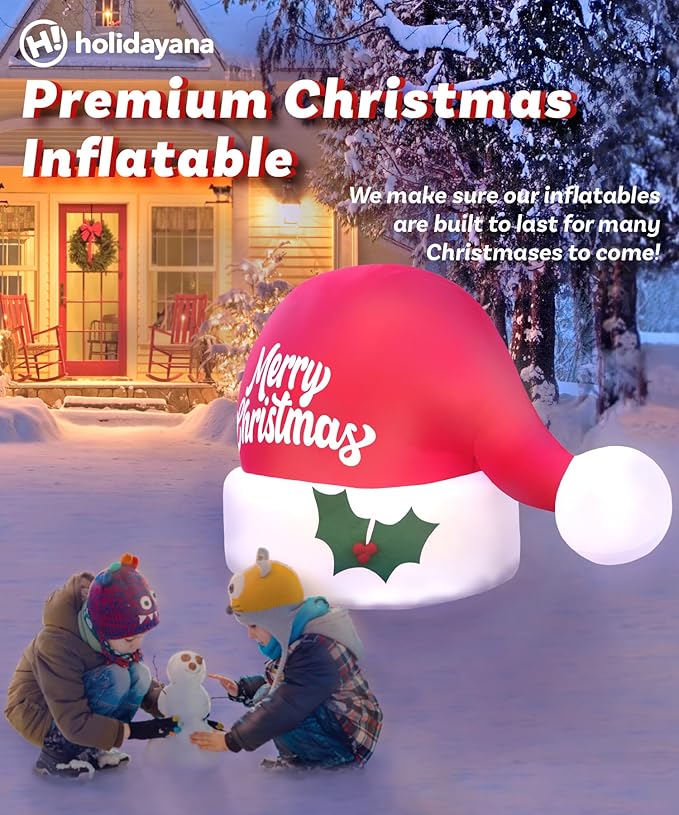 Holidayana Christmas Inflatables Large 4.5ft Tall Merry Christmas Santa Hat - Inflatable Outdoor Decorations Blow Up X-mas Decorations for Yard, Lawn & Garden Internal Lights & Built-in Fan