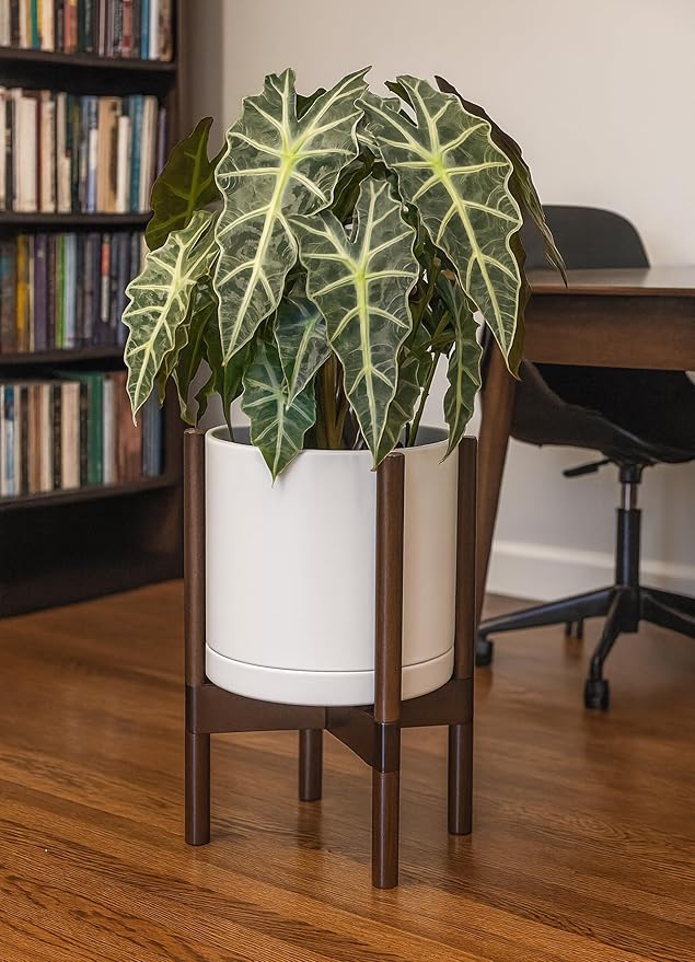 D'vine Dev Ceramic Planter with Walnut Color Stand - 10 Inch Modern Round Flower Pot with Wood Planter Holder, Oatmeal, 55-B-X-8