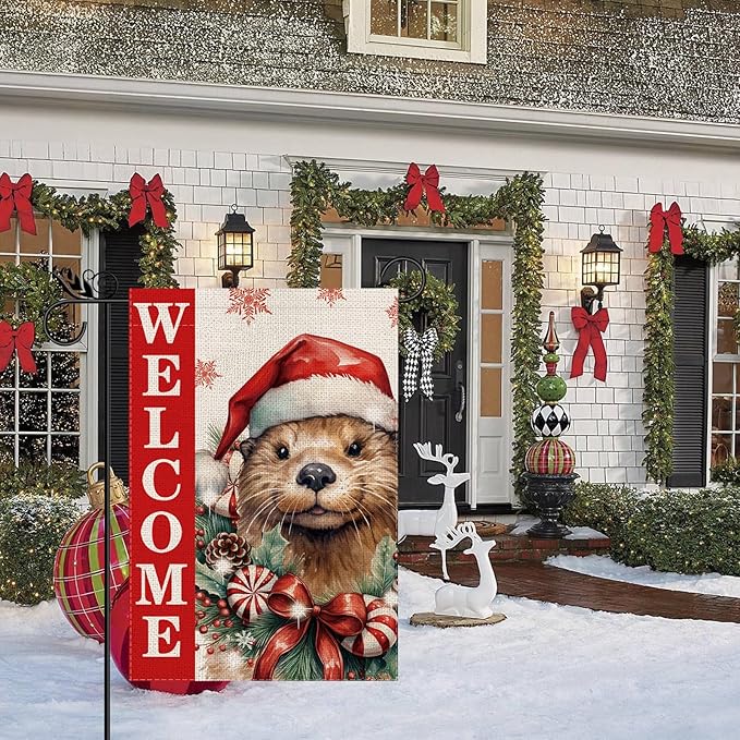Christmas Garden Flag Welcome Xmas Otter Winter Holiday Decorations Burlap Vertical Double Sided Farmhouse Yard Lawn Outdoor Decor 12.5 x 18 Inch