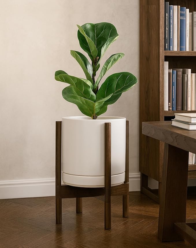 D'vine Dev Ceramic Planter with Walnut Color Stand - 10 Inch Modern Round Flower Pot with Wood Planter Holder, Oatmeal, 55-B-X-8