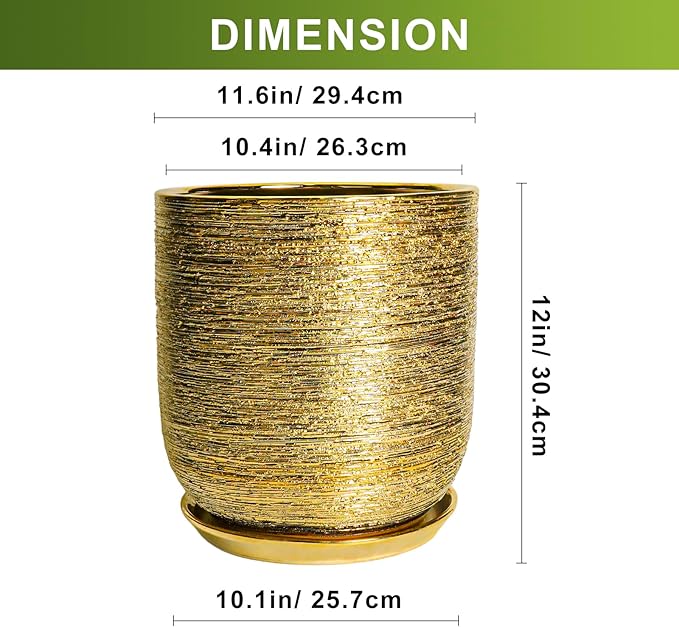 Ceramic Pots for Plants 12 Inch - Ceramic Planter for Indoor Outdoor Flowers, Cylinder Modern Flower Pot with Drainage Hole and Saucer, Patio Home Decor, Gifts for Plants Lovers, Gold