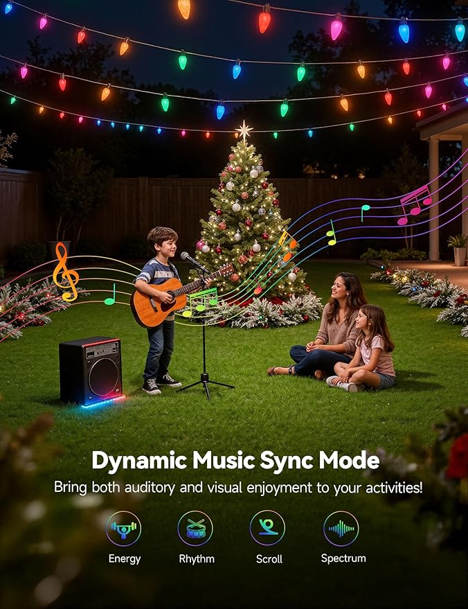 Minetom Smart C9 Christmas Lights Outdoor, 100 LED 115FT Christmas Color Changing Fairy Lights App Control, Music Sync, 105 Preset Modes, Connectable RGB C9 String Lights for House Indoor Xmas Decor