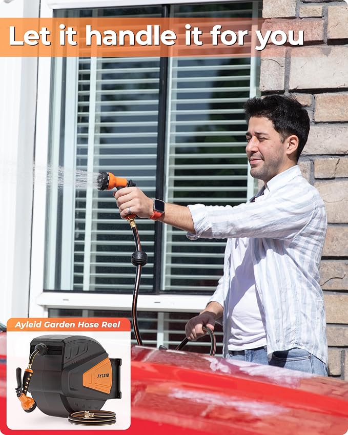 Ayleid Retractable Garden Hose Reel,1/2 in x 130 ft Wall Mounted Hose Reel, with 9- Function Sprayer Nozzle, Any Length Lock/Slow Return System/Wall Mounted/180°Swivel Bracket (Black)